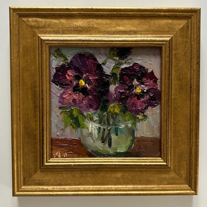 Floral Contemporary oil painting framed impasto country flowers signed gilt original expressionist impressionist purple pansy square