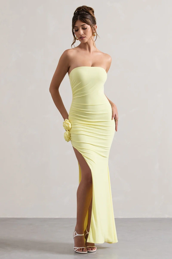 My Muse | Yellow Ruched Bandeau Split Maxi Dress With Flowers