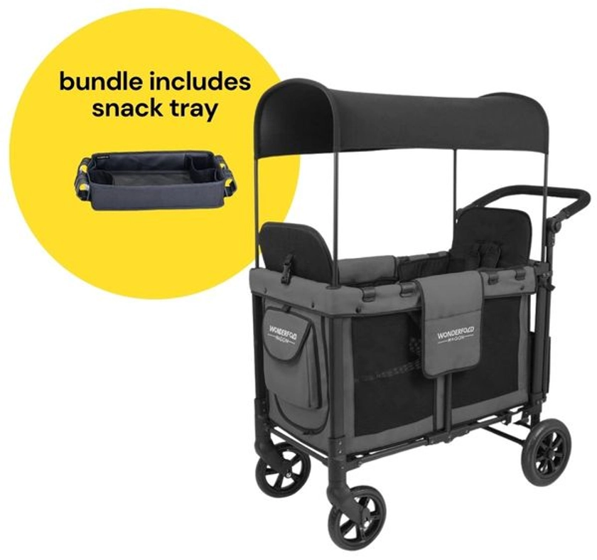 WonderFold W2 Original (2 Seater) Double Stroller Wagon + Snack Tray Bundle - Gray