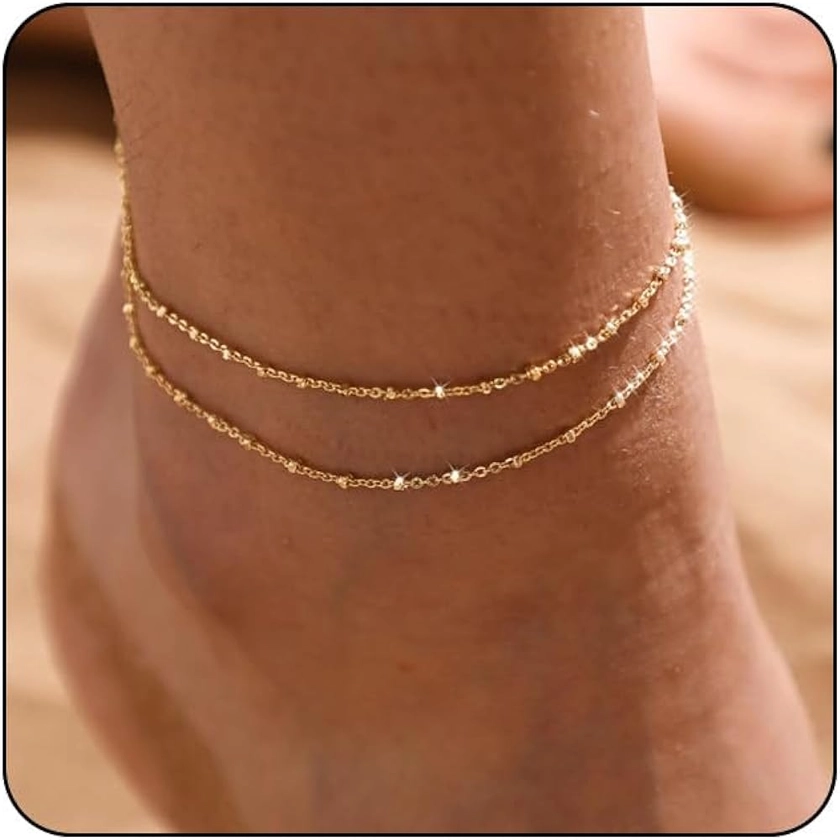 MIDEEO Gold/Sliver Ankle Bracelets for Women,14K Gold Anklets for Women Waterproof Cuban Link Heart Beads Herringbone Rhinestone Anklets Set Layered Anklet Bracelets for Women Gold Jewelry Gift