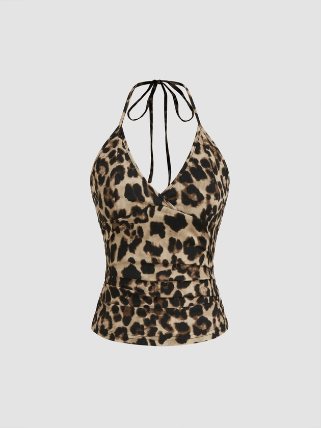 Halter Neckline Leopard Knotted Cami Top