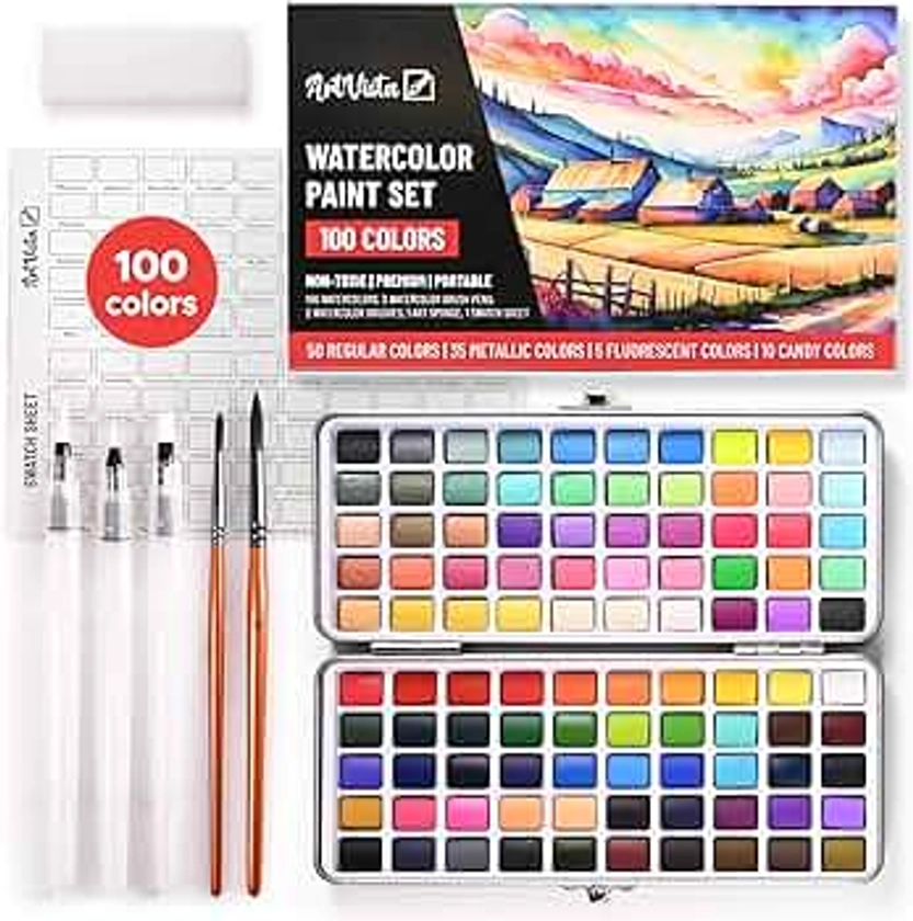 Watercolor Paint Set with 100 Bright Colors: for Adult Beginners & Professional with Metallic - Travel Sized Water Color Art Kit Palette