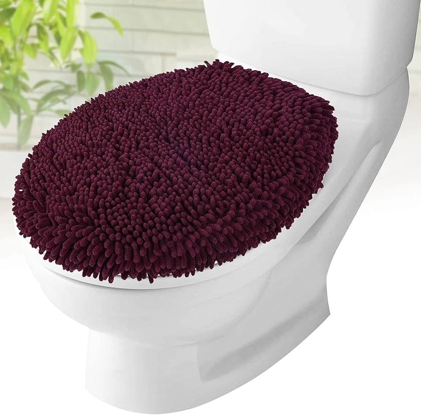 Toilet Lid Cover - Burgundy, Plush Microfiber Oval Toilet Seat Covers for Bathroom, Machine Washable Elongated Toilet Cover Seat, Stretches up to 21"x19"