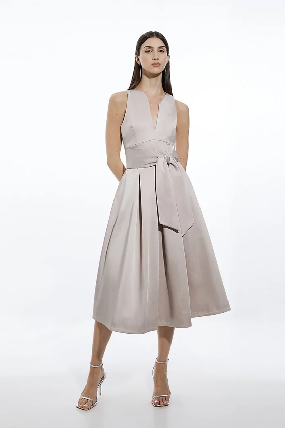 Tailored Satin Bow Detail Full Skirted Midaxi Dress