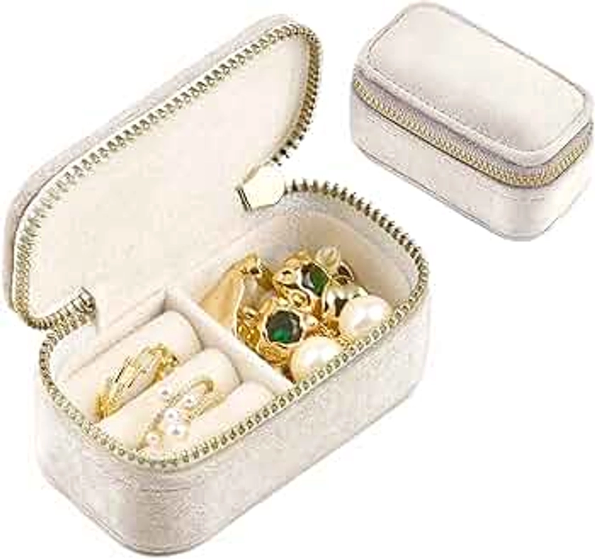 Mini Jewelry Travel Case, Velvet Small Travel Jewelry Box, Portable Jewelry Travel Organizer Box for Rings Earrings Necklaces, Gifts for Women Girls(Beige)