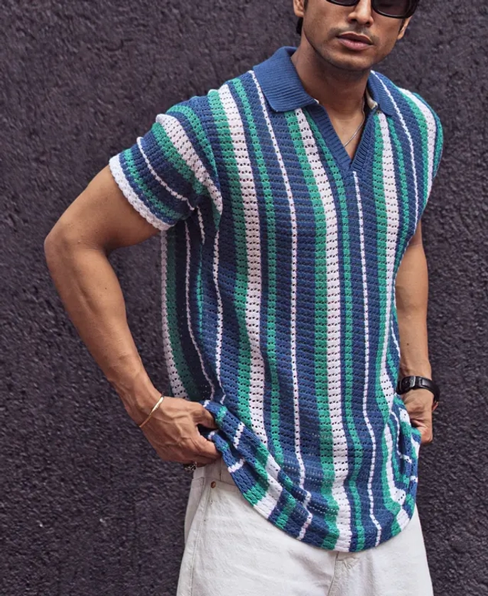 Multicolor Knit Regular fit Striped Half Sleeves T Shirt