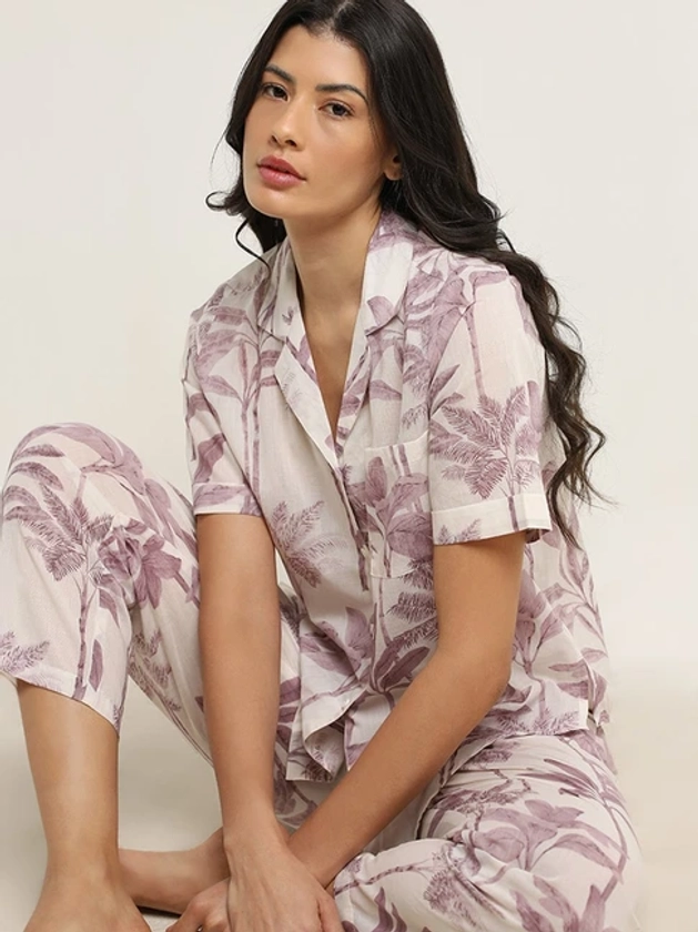 Wunderlove by Westside Lilac Cotton Shirt & High-Rise Pyjamas Set