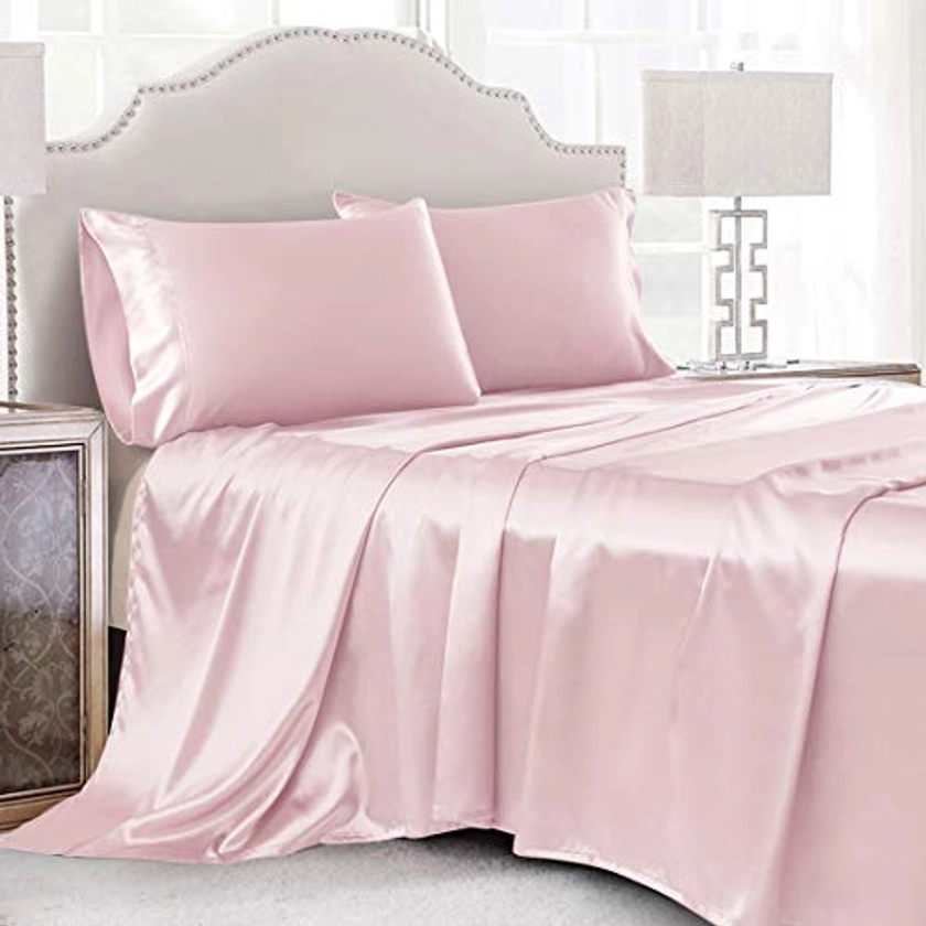 Cobedzy 4 Pcs Blush Pink Satin Sheets Queen Size Silky Satin Bedding Sheets Set with 1 Deep Pocket Fitted Sheet, 1 Flat Sheet, 2