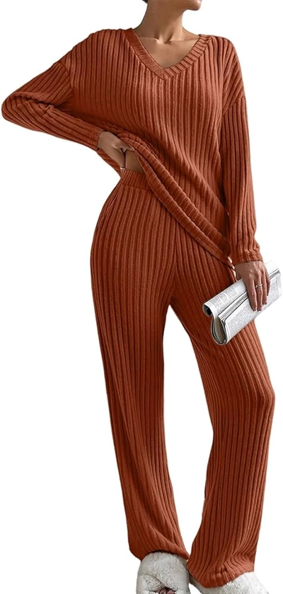 SHEWIN Women's Pajama Sets Long Sleeve 2 Piece Lounge Sets Ribbed Knit Sweater Sleepwear