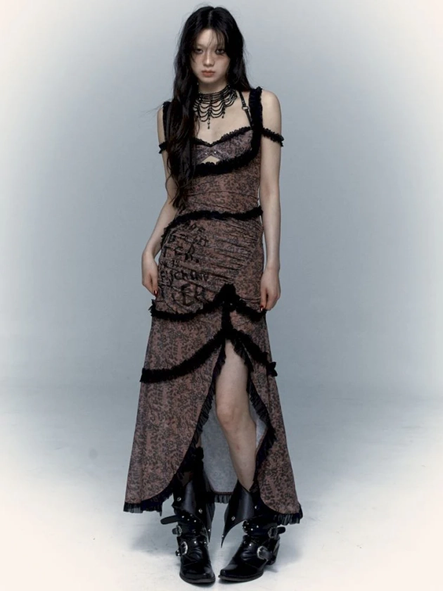 Street Rock Reversible Slim Leopard Mesh Long Dress【s0000008403】