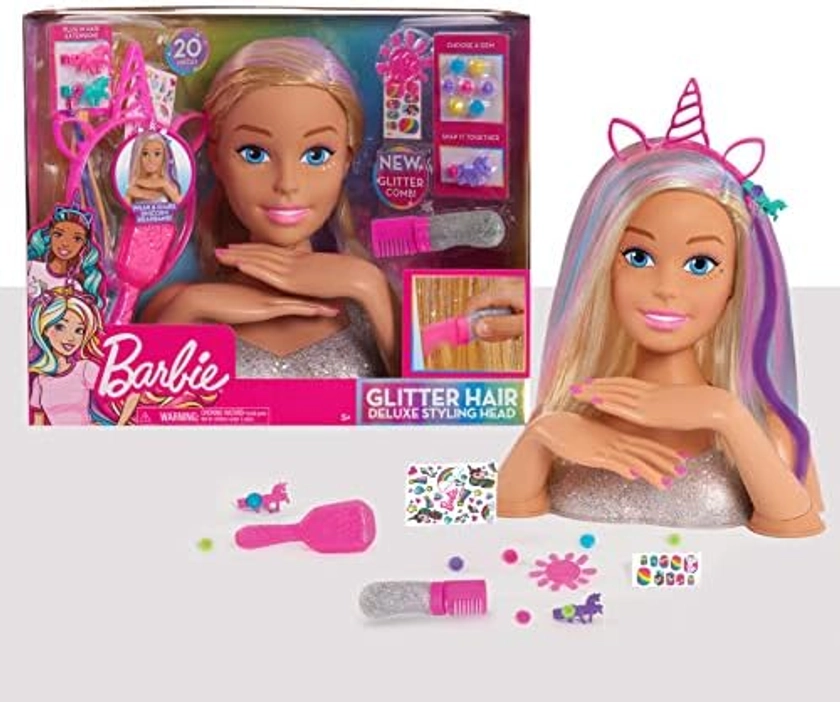 Barbie Deluxe 20-Piece Glitter and Go Styling Head, Blonde Hair and Unicorn Headband, by Just Play