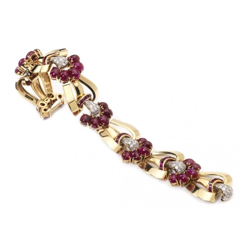 Retro French Gold Ruby and Diamond Bracelet, Circa 1947