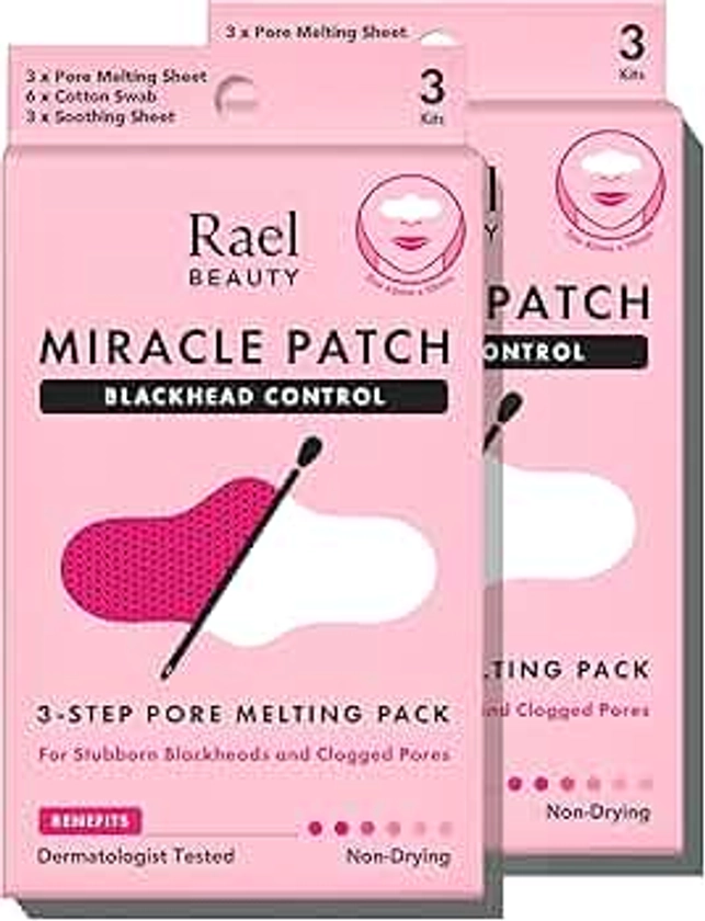 Rael Blackhead Remover, Miracle Patch Melting Pack - Nose Strips for Blackheads, Pore Melting and Soothing Sheets, 3 Step Kit, Sebum Removing Cotton Swabs, Dermatologist Tested (2 Pack)