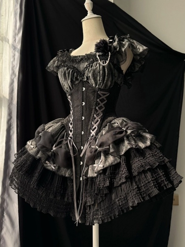 [£77.77]Black and Silver Balletcore Long/Short Corset Dress + Flutter Sleeves Top Lolita Set