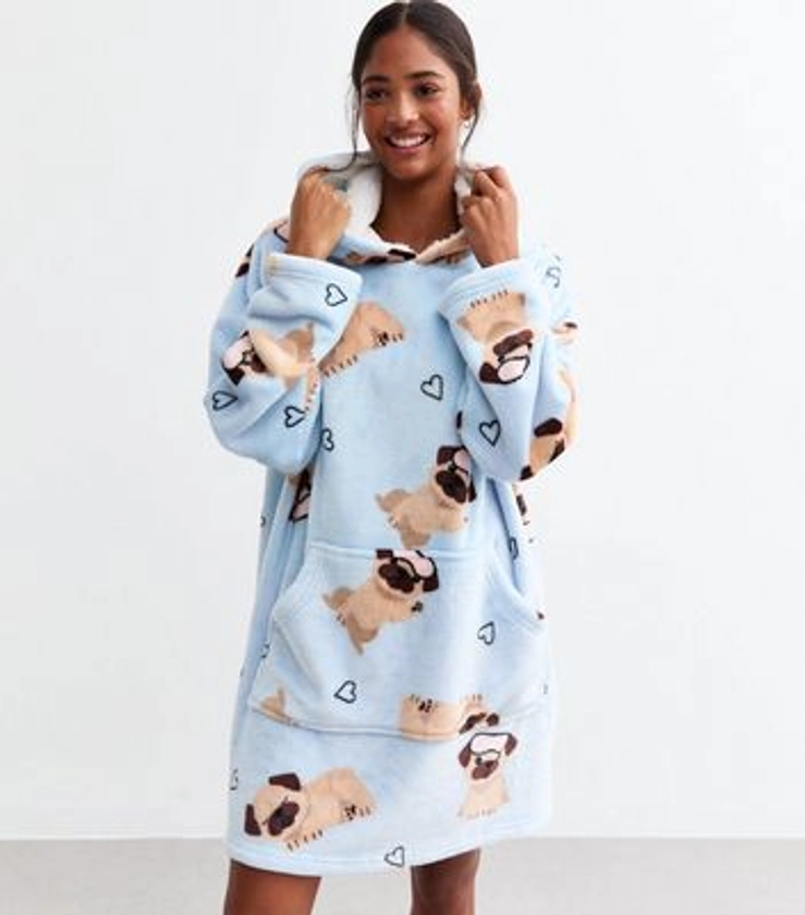 Blue Oversized Pug Print Fleece Hoodie