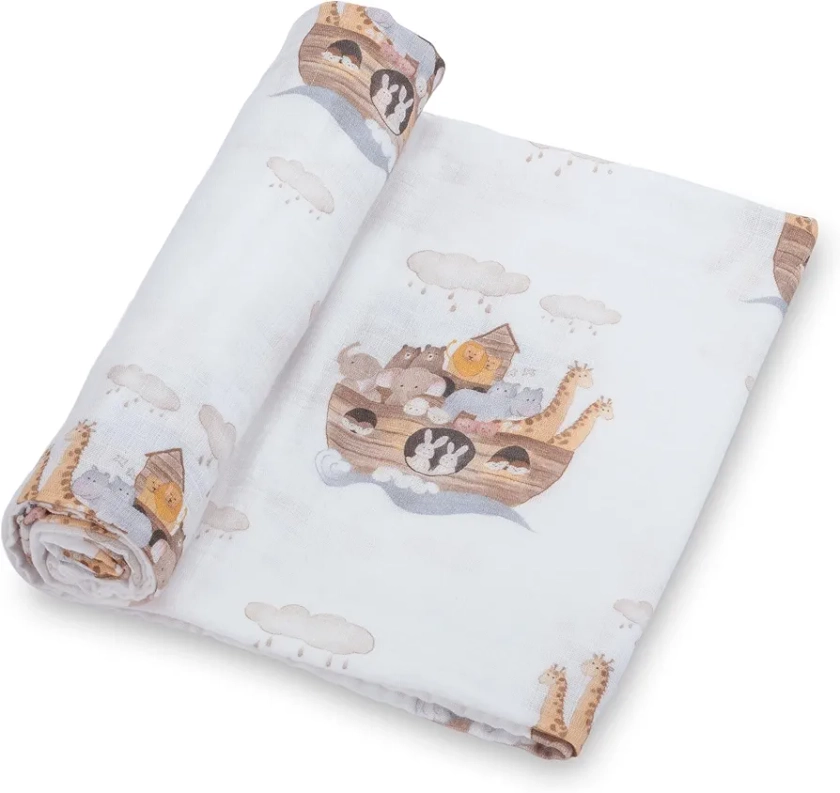 Muslin Swaddle Blanket | 100% Muslin Cotton | Gender Neutral Newborn and Baby Nursery Essentials for Girls and Boys, Registry | Noah's Ark Print