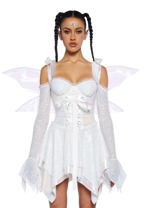 Cyber Fairy Sexy Womans Halloween Costume Sequin Fairycore Glitter Costume - White