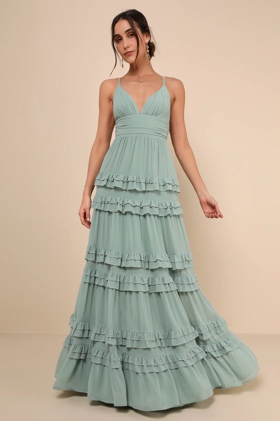 Lavish Perfection Sage Green Ruffled Tiered Maxi Dress