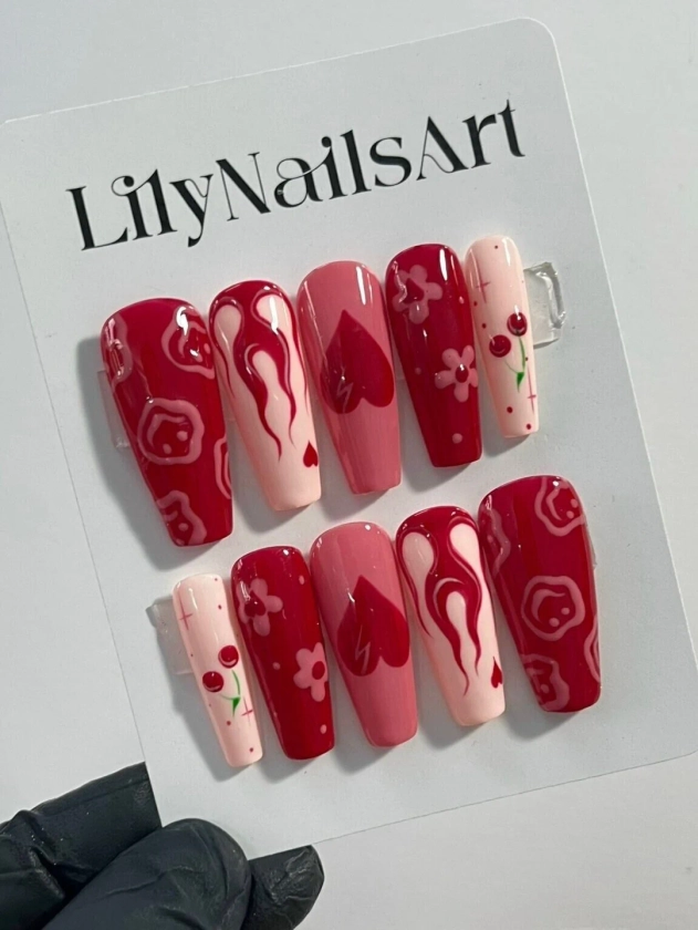 Flaming, Cherry and Heart in Red & Pink Almond Press on Nails, Valentine Nail Cute, Fake Nails, False Nails, Glue on Nails, Gel Nail Art - Etsy