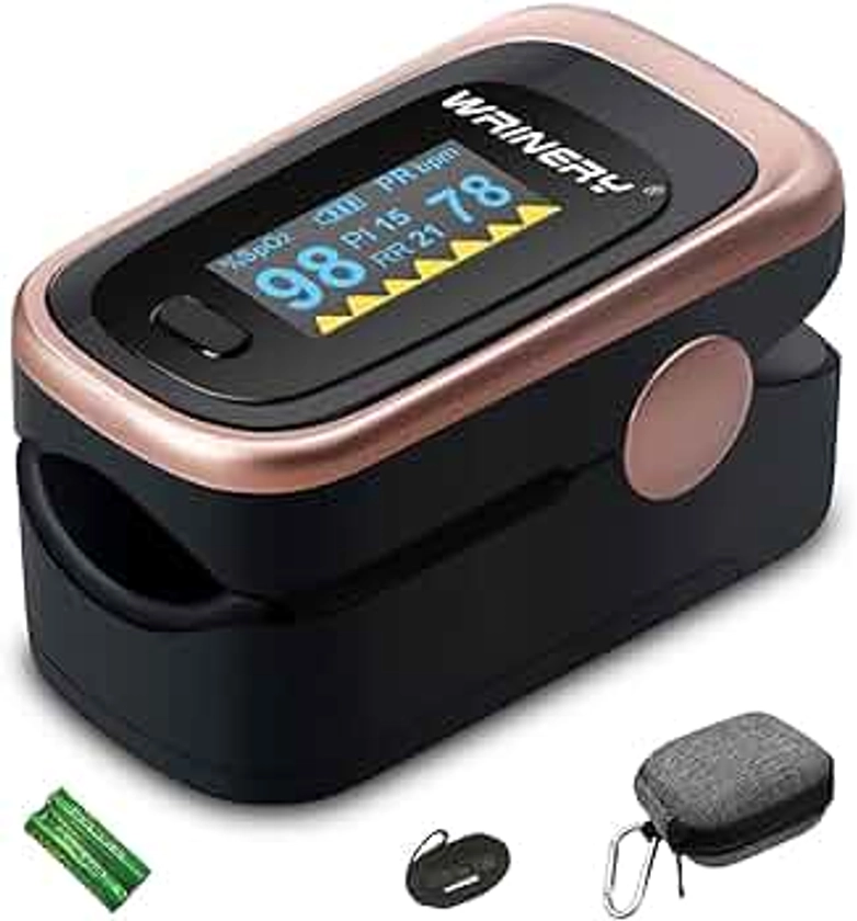 Pulse Oximeter Fingertip, Oxygen/ O2 Saturation Monitor, OLED Portable Oximetry with Batteries, Lanyard (Rose gold-black)