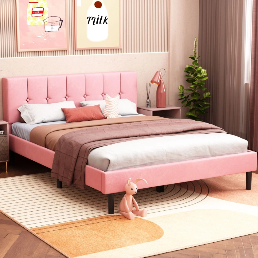 Lijimei Queen Bed Frame with Upholstered Headboard, Button Tufted Style, Pink, Velvet