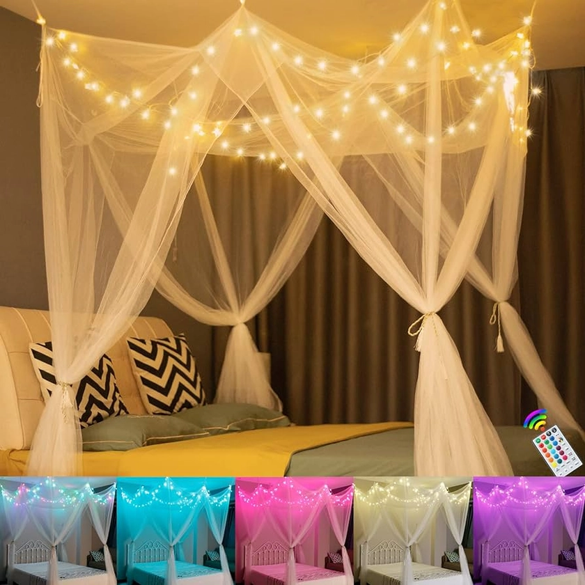 Oycbuzo 8 Corners Post Canopy Bed Curtains, Princess Bed Canopy with Color Changing Star String Lights, Hanging 4 Door Square Bed Net for Girls Adults Women Bedroom Decor, Twin to King Size Bed