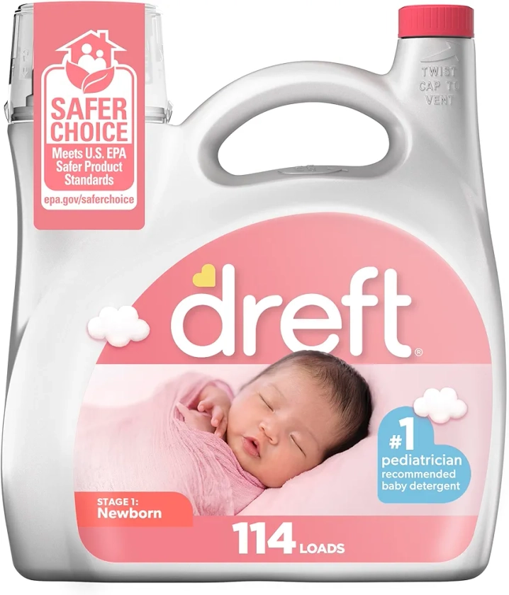 Dreft Stage 1 Newborn Baby Laundry Detergent Liquid, HE Compatible, 114 Loads, Laundry Soap for Sensitive Skin