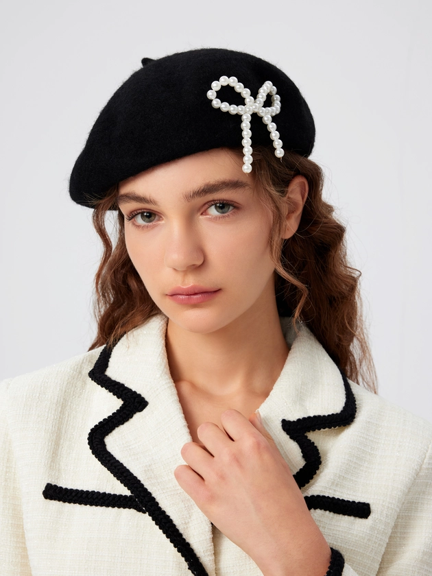 Faux Pearl Bowknot Beret Hat For Daily Casual Coffee Shop