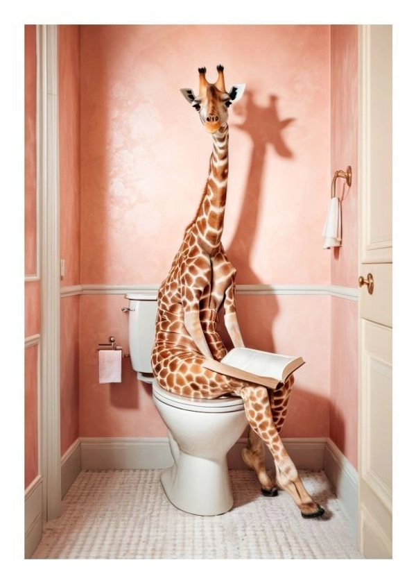 Giraffe Sitting on the Toilet Affiche
