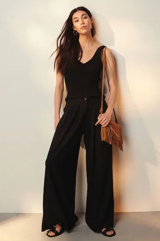 Buy Black Superwide Pleated Trousers With Linen from the Next UK online shop