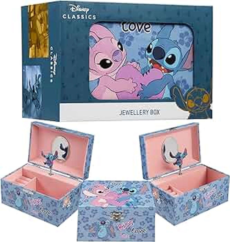 Disney - Musical Stitch & Angel Jewellery Box for Girls | Official Licensed | Wind-Up Magical Tune, Spinning Figure | 18.5cm L x 12cm W x 10cm D, Blue, One Size, Plastic