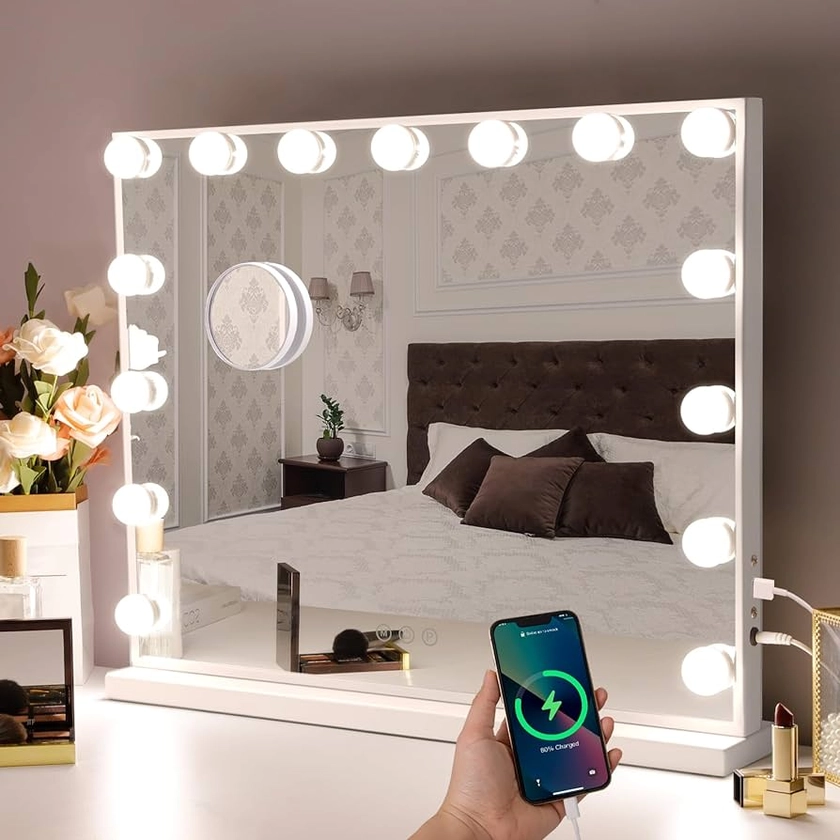 Hansong Wall Mount Vanity Mirror with Lights Hollywood Makeup Mirror with 15 LED Bulbs 3 Color Lighting Modes Lighted Makeup Mirror for Dressing Table and Bedroom : Amazon.co.uk: Home & Kitchen