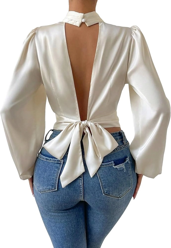 SweatyRocks Women's Elegant Tie Backless Mock Neck Long Lantern Sleeve Crop Blouse Shirt