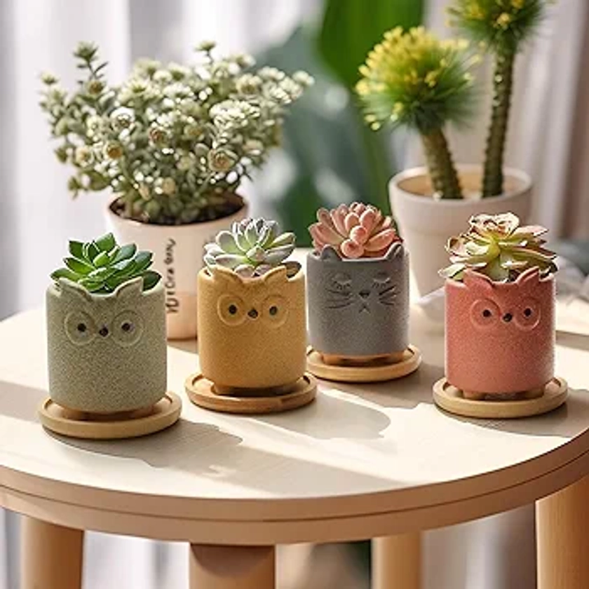 T4U 7CM Cute Animal Plant Pots, Small Animal Planters with Saucer Set of 6, Little Ceramic Pots for Succulents Cactus, Cute, Decoration Gift for Garden Home Office (No Plants)