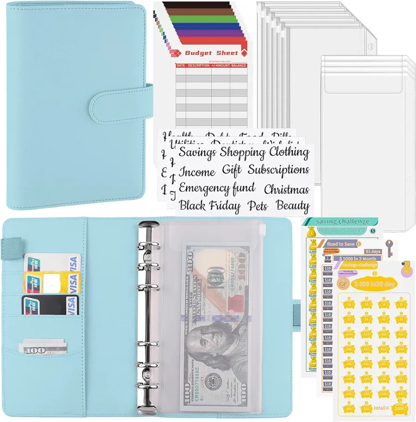 Antner Budget Binder with Zipper Cash Envelopes and Expense Sheets for Money Saving Binder, Savings Challenges to Save $500, 1,000, 10,000, A6 Budget Planner Book Money Organizer for Cash, Mint Blue