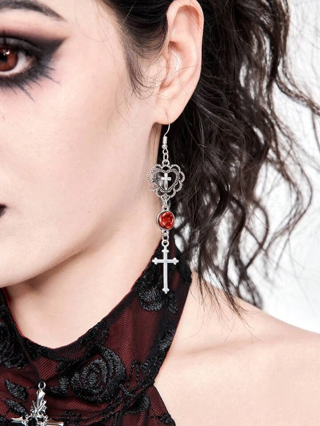 ROMWE Goth (Gothic Vampire Dropshipping) 1 par de pendientes de estilo gótico con cruz y rosa roja para mujer