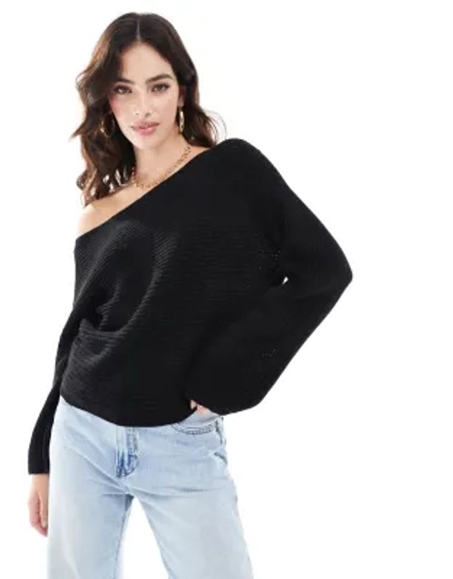 ASOS DESIGN knitted slouch one shoulder jumper in black | ASOS