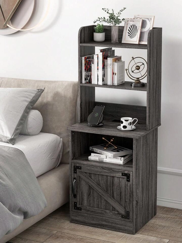 Tall Nightstand Charging Station Tall Bedside Table With Adjustable Bookshelf, Industrial End Table Side Table With Storage Cabinet For Home Office