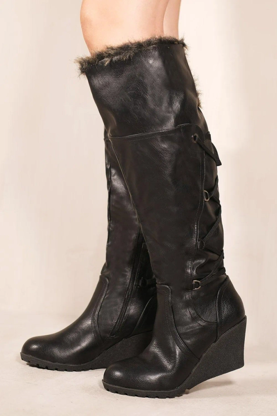 'Bridget' Wedge Heel Mid Calf High Boots With Fur & Lace Up Detail