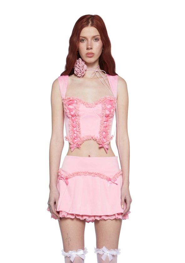 Sugar Thrillz Corset Top With Ruffles And Ribbon Lace Up - Pink