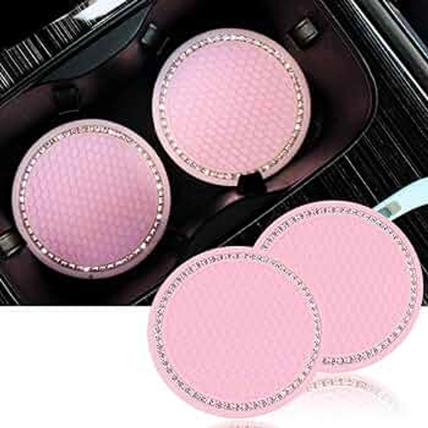 FUBESK 2x Bling Car Coasters,Car Coasters Pad Pink Cup Holder Mat Rhinestone Auto Interior Accessories 7cm for Most Cars Holders