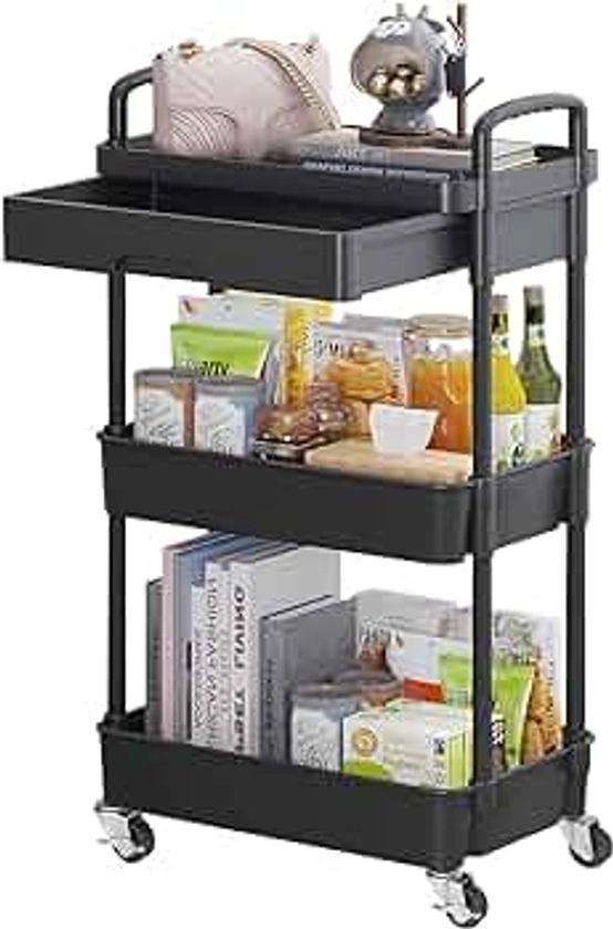 Calmootey 3-Tier Rolling Utility Cart with Drawer,Multifunctional Storage Organizer with Plastic Shelf & Metal Wheels,Storage Cart for Kitchen,Bathroom,Living Room,Office,Black