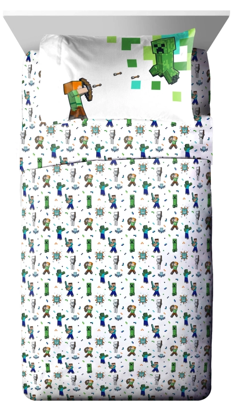 Minecraft Kids 3-Piece Twin Sheet Set, Microfiber, White, Mojang