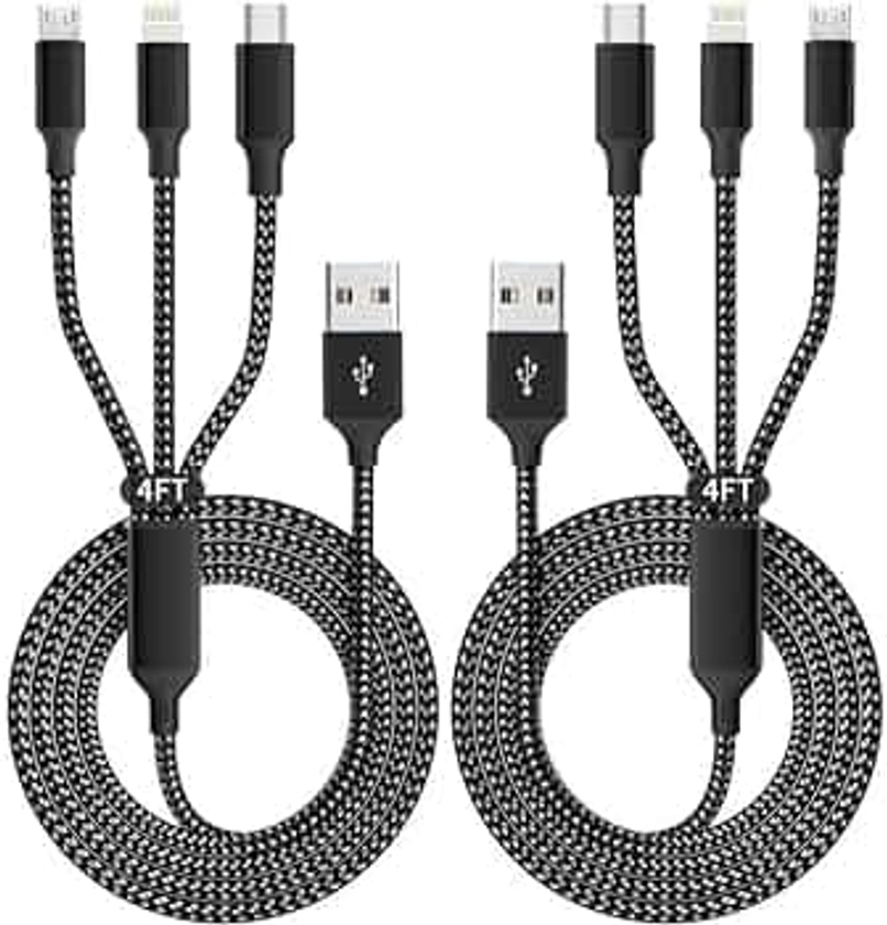 IDISON Multi Charging Cable(2Pack 4FT), 3 in 1 Charger Cable Nylon Braided Multiple USB Cable Universal Charging Cord with Type-C, Micro USB and IP Port for Cell Phones and More