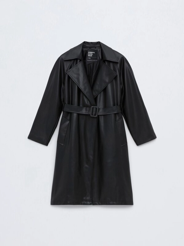 Long faux leather trench coat