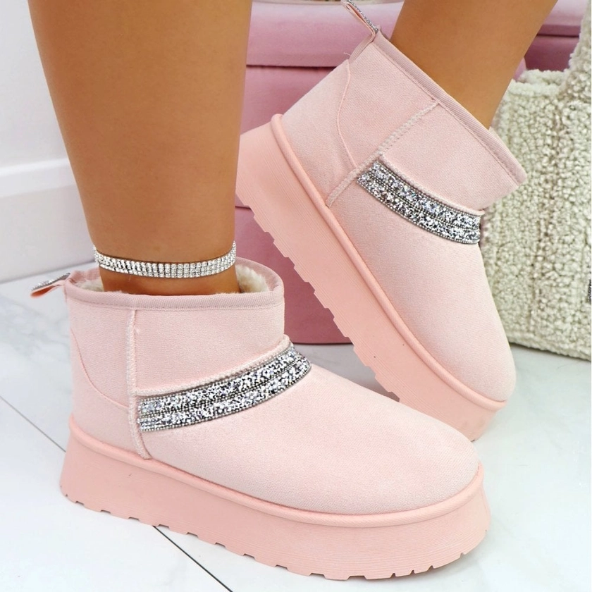 Lemonade Sparkly Strap Platform Snugg Boots Baby Pink