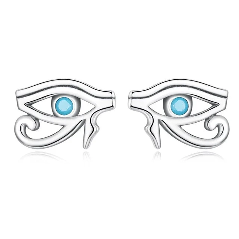 Boucles d'Oreilles Oeil d'Horus <span>en argent 925 plaqué or blanc avec zircons bleus</span>