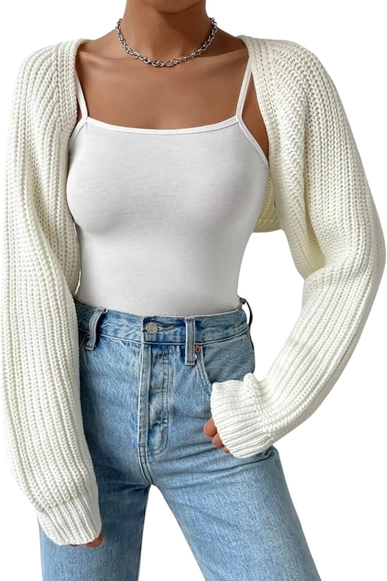 Fuimsul Women Open Front Ribbed Knit Crop Bolero Drop Shoulder Long Sleeve Solid Loose Fit Knitted Crop Cardigan Shrug
