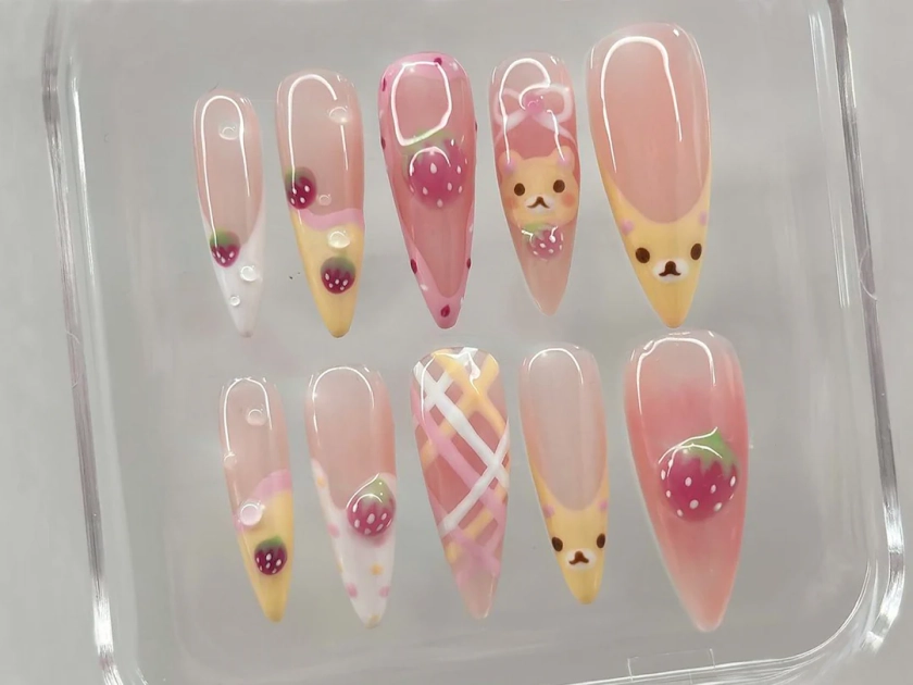 Kawaii Bear Strawberry Press On Nails | Cute Animal Fruit Nail Art | Pastel Pink Strawberry Fake Nails | Fun Fruit Nail Polish | HC505Y