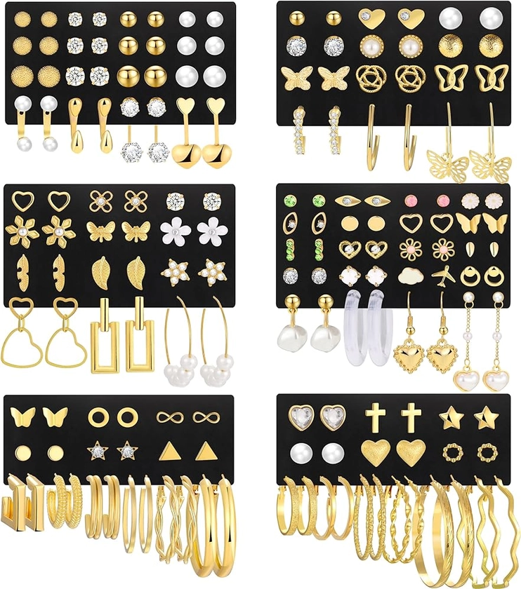 84 Pairs Gold Stud Earrings Set for Women Multipack, Fashion Pearl Cubic Zirconia Butterfly Earrings Packs Piercings, Hypoallergenic Stud Hoops Earrings for Gift